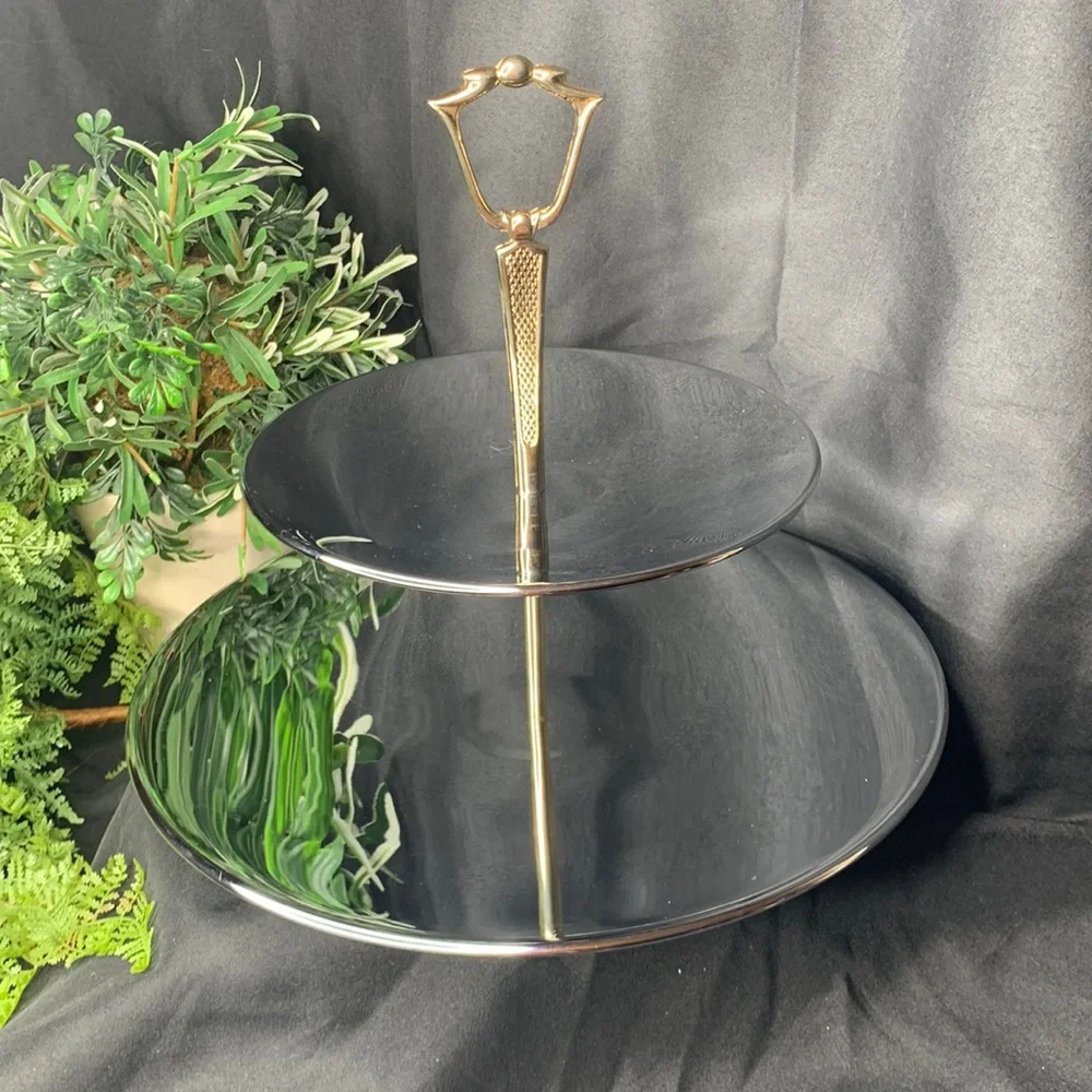 Beautiful vintage chrome KROMEX 2 tiered silver tray with gold tone handle - Picture 1 of 8